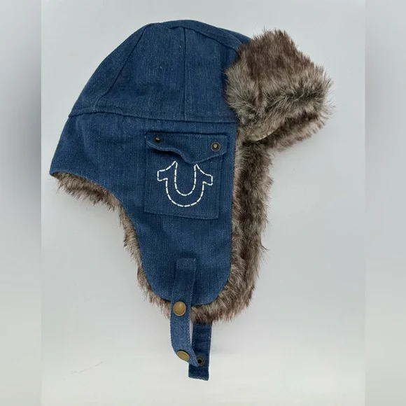 True Religion Trapper Hat Dark Blue Denim Faux Fur Horseshoe Pockets Chin  Strap